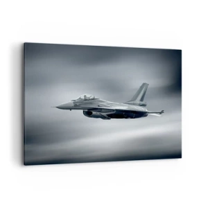 Cuadro sobre lienzo - Impresión de Imagen - Un avión de combate en vuelo contra un cielo nublado. - 120x80cm - ¿Quieres un reto? - Decoración de pared moderna para salón y dormitorio ARTTOR
