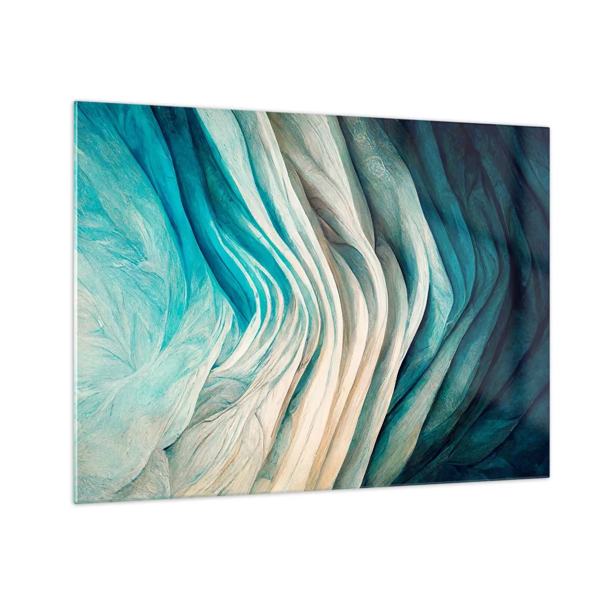 Cuadro sobre vidrio - Impresiones sobre Vidrio - Ondas abstractas en tonos azules y beige - 70x50cm - Azul insaciable - Decoración de pared moderna para salón y dormitorio ARTTOR