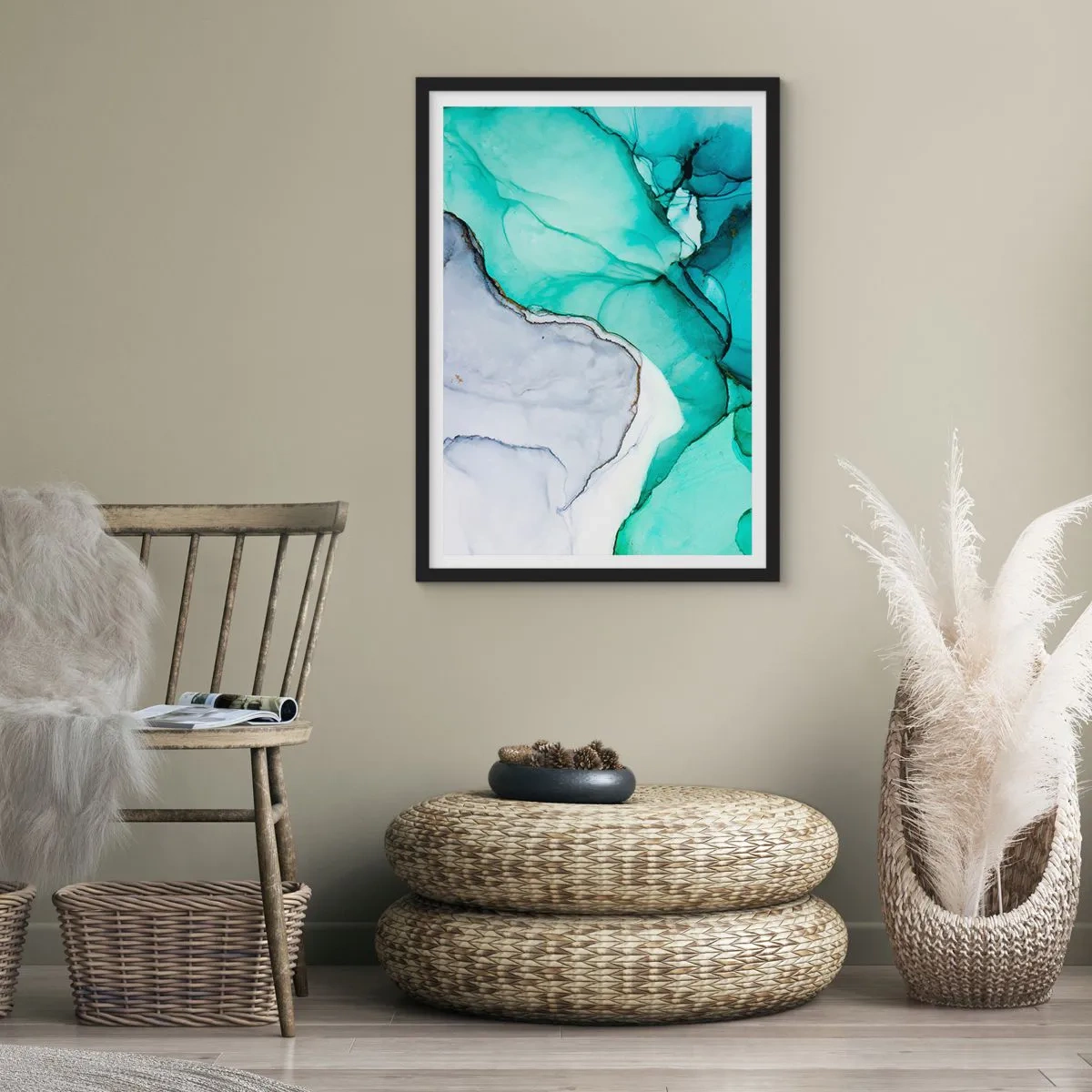 Póster en marco negro - Un patrón abstracto en tonos turquesa y gris, inspirado en la naturaleza. - 50x70cm - Estudio en turquesa - Decoración de pared moderna para salón y dormitorio ARTTOR