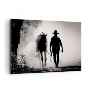 Cuadro sobre lienzo - Impresión de Imagen - Vaquero con caballo en la niebla de la mañana - 120x80cm - La mañana de Texas - Decoración de pared moderna para salón y dormitorio ARTTOR
