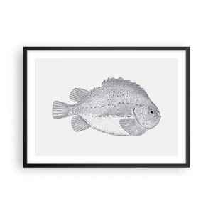 Póster en marco negro - Dibujo en blanco y negro de un pez sobre un fondo blanco en estilo minimalista. - 70x50cm - Para el álbum del naturalista - Decoración de pared moderna para salón y dormitorio ARTTOR