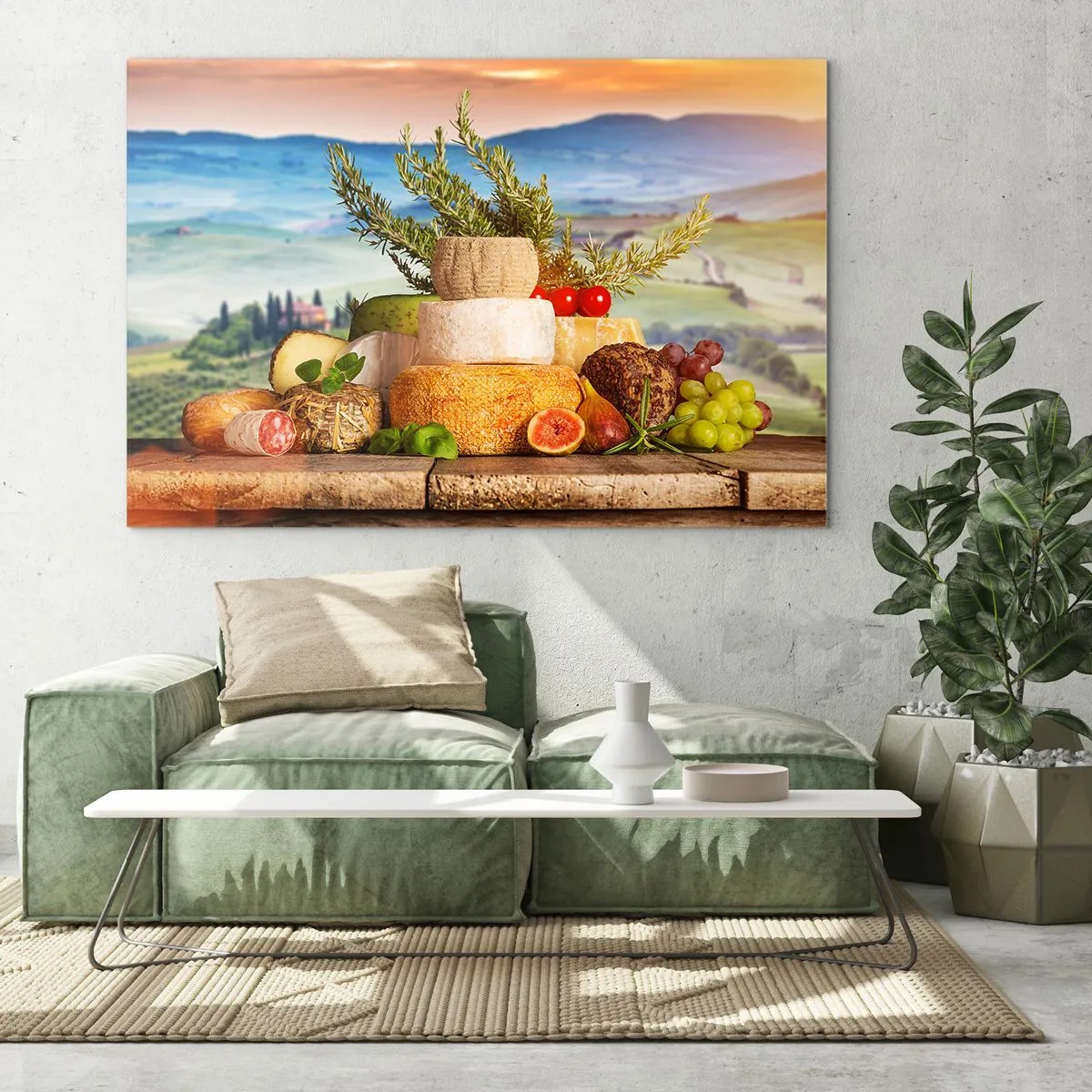Cuadro sobre vidrio - Impresiones sobre Vidrio - Una composición de quesos y frutas con el paisaje toscano como telón de fondo. - 70x50cm - La alegría de vivir italiana - Decoración de pared moderna para salón y dormitorio ARTTOR