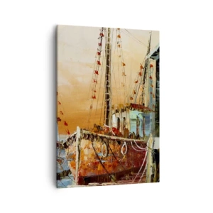 Cuadro sobre lienzo - Impresión de Imagen - Barcos en la orilla bajo la cálida luz del atardecer. - 50x70cm - Regreso pacífico - Decoración de pared moderna para salón y dormitorio ARTTOR