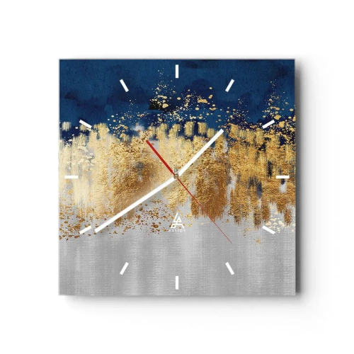 Reloj de pared - Reloj de vidrio - Una composición abstracta en tonos dorados y azul marino. - 30x30cm - Composición moderna con chispas - Decoración de pared moderna para salón y dormitorio ARTTOR