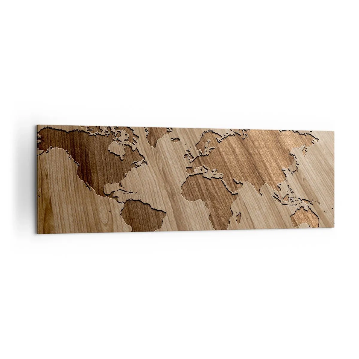 Cuadro sobre lienzo - Impresión de Imagen - Un mapa del mundo recortado sobre una superficie de madera. - 160x50cm - El mundo servido en la mesa - Decoración de pared moderna para salón y dormitorio ARTTOR