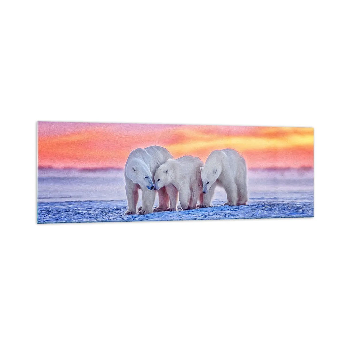 Cuadro sobre vidrio - Impresiones sobre Vidrio - Tres osos polares con el telón de fondo de una puesta de sol ártica. - 160x50cm - Todo lo que necesitas es el calor de la familia - Decoración de pared moderna para salón y dormitorio ARTTOR