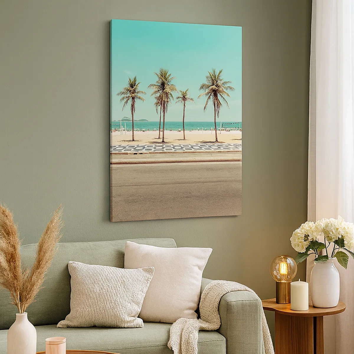 Cuadro sobre lienzo - Impresión de Imagen - Palmeras en la playa con vistas al mar y al cielo azul. - 50x70cm - En la playa - Decoración de pared moderna para salón y dormitorio ARTTOR