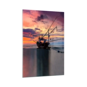 Cuadro sobre vidrio - Impresiones sobre Vidrio - Un barco pesquero con el telón de fondo de una colorida puesta de sol. - 70x100cm - Una noche exótica - Decoración de pared moderna para salón y dormitorio ARTTOR