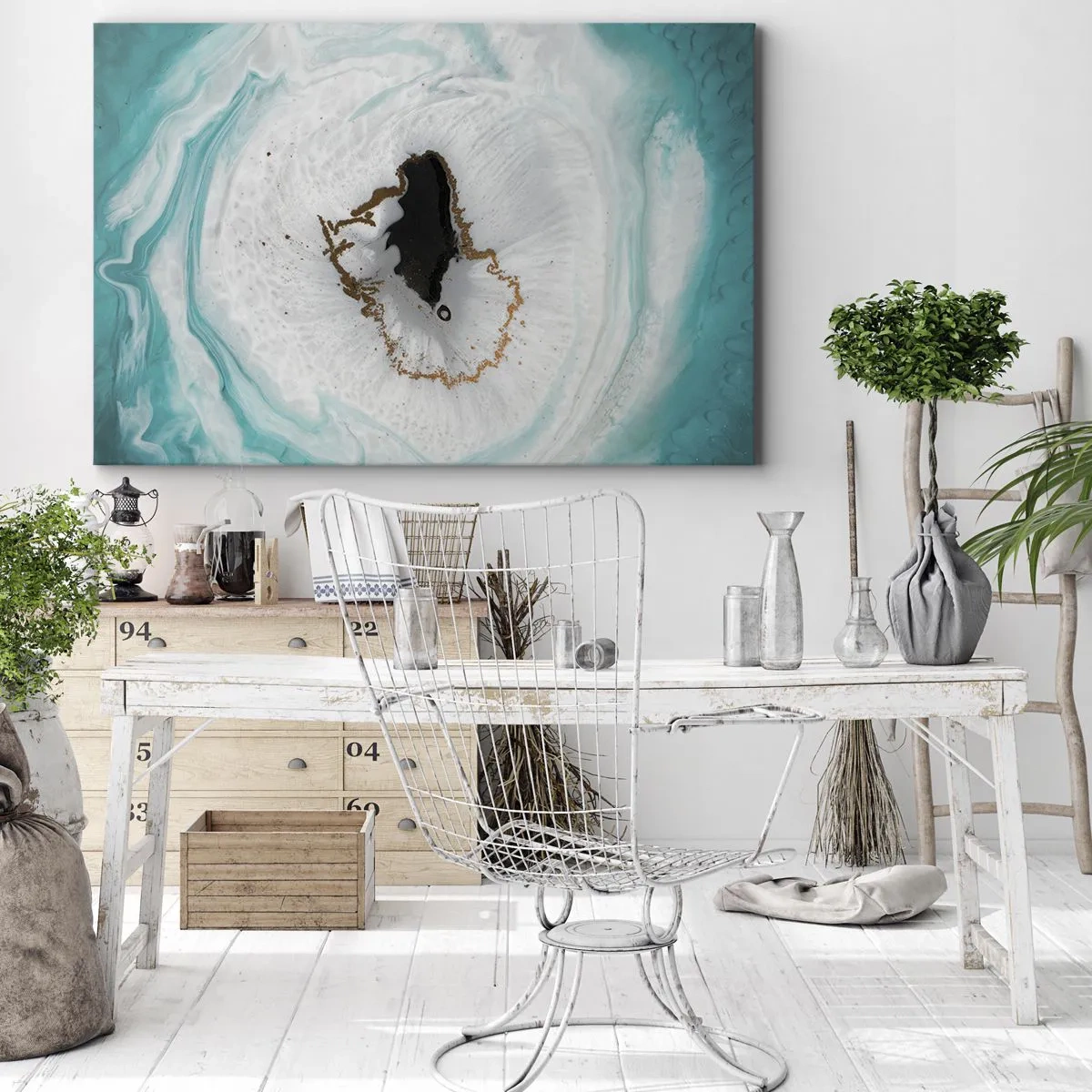 Cuadro sobre lienzo - Impresión de Imagen - Motivo de geoda abstracta en tonos turquesa, blanco y dorado. - 70x50cm - Para acceder al interior - Decoración de pared moderna para salón y dormitorio ARTTOR