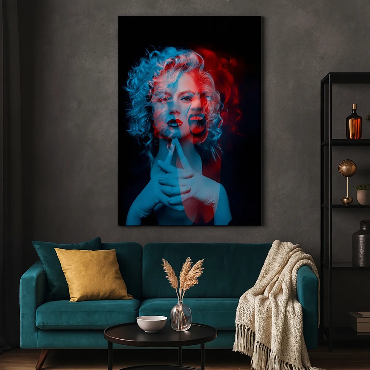 Cuadro sobre lienzo - Impresión de Imagen - Doble retrato de una mujer en rojo y azul - 50x70cm - Alter ego - Decoración de pared moderna para salón y dormitorio ARTTOR