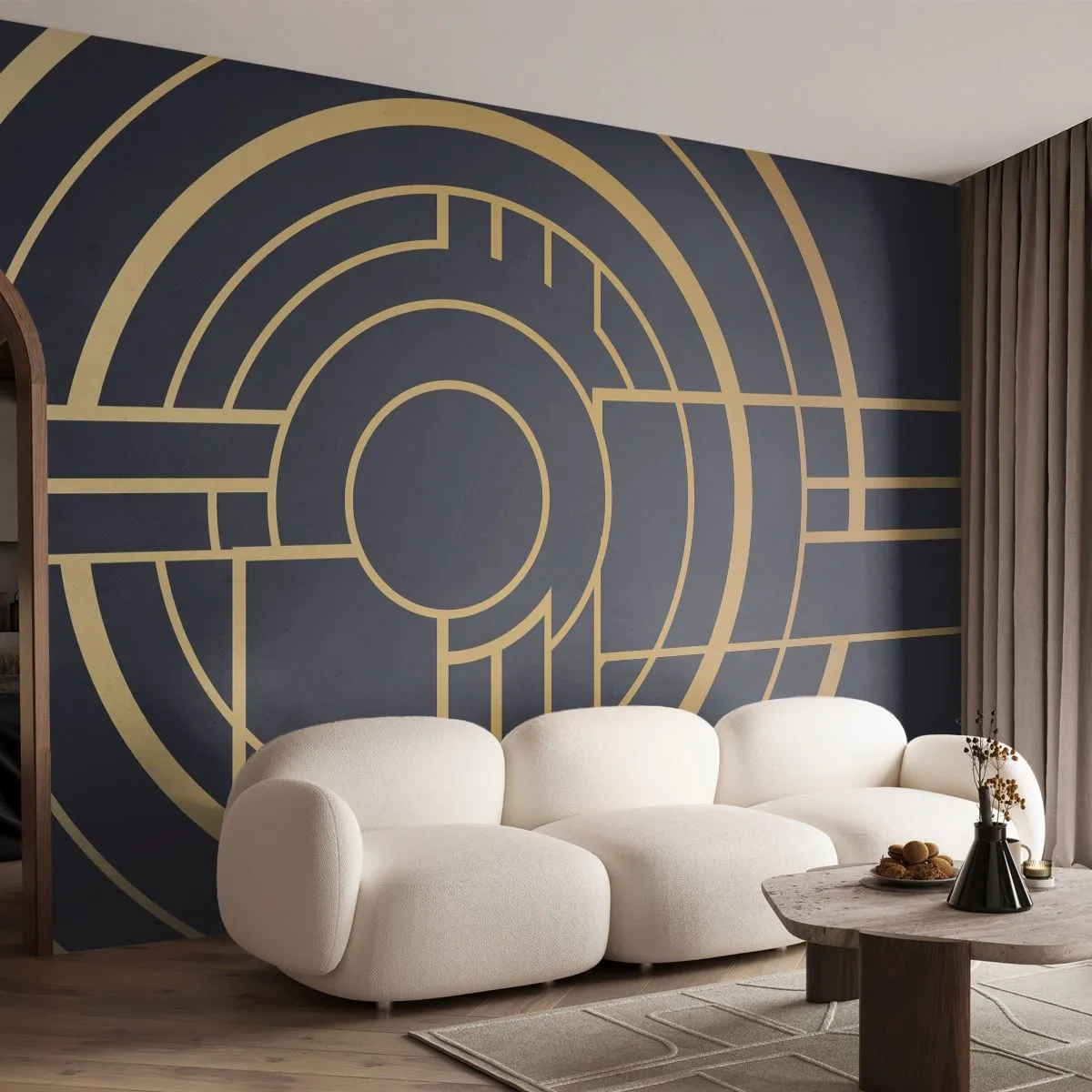 Fotomural Premium Sand - Composición geométrica Art Déco en dorado y negro - 100x70cm - Giro de los elementos - Decoración de pared moderna para salón y dormitorio ARTTOR