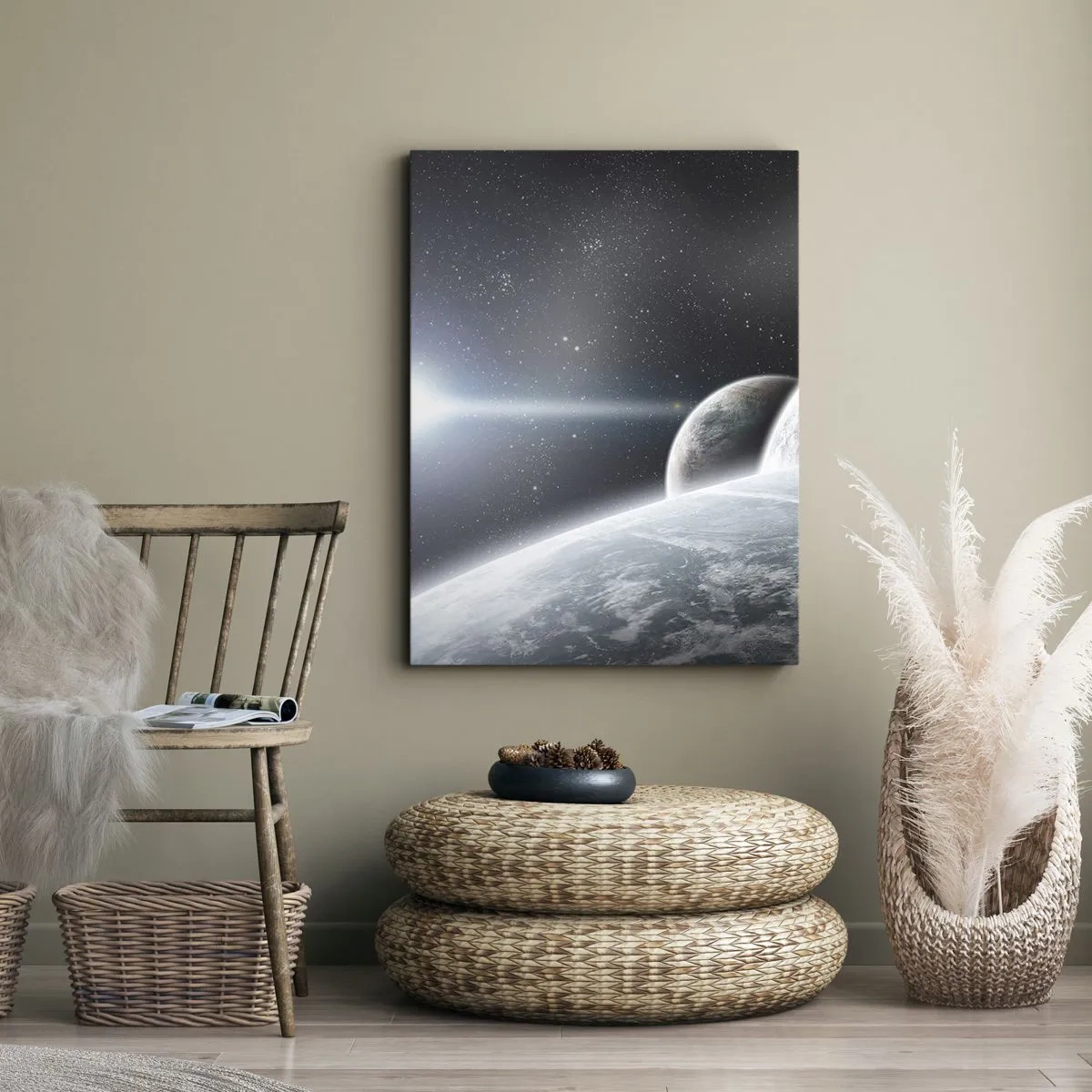 Cuadro sobre lienzo - Impresión de Imagen - Planetas en el espacio contra el fondo de estrellas y galaxias. - 50x70cm - Música cósmica de las esferas - Decoración de pared moderna para salón y dormitorio ARTTOR