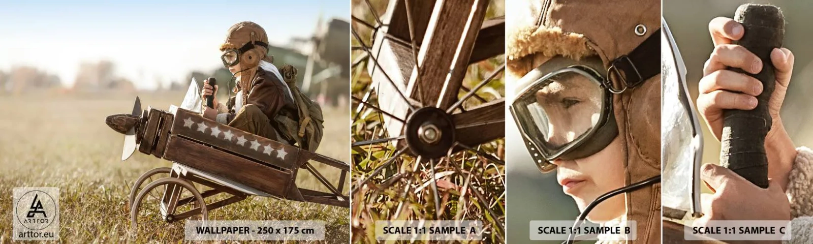 Muestra de fotomural autoadhesivo Deluxe Sticker - Despegue hacia un sueño - Chico, Avión, Vintage - 100x30 cm