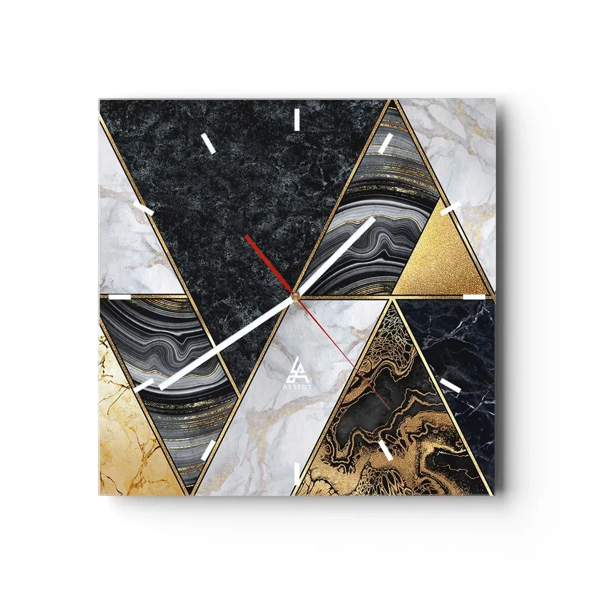 Reloj de pared - Reloj de vidrio - Triángulos geométricos en dorado, mármol y tonos oscuros. - 30x30cm - Collage de piedras - Decoración de pared moderna para salón y dormitorio ARTTOR