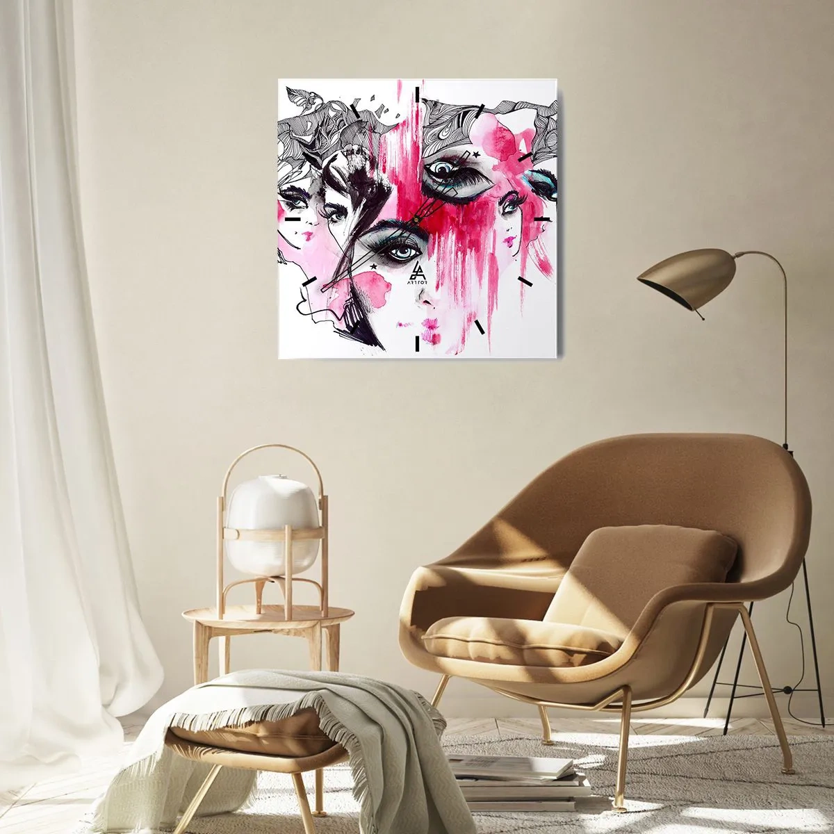 Reloj de pared - Reloj de vidrio - Rostro abstracto en tonos rosa y negro. - 30x30cm - Ojos abstractos - Decoración de pared moderna para salón y dormitorio ARTTOR