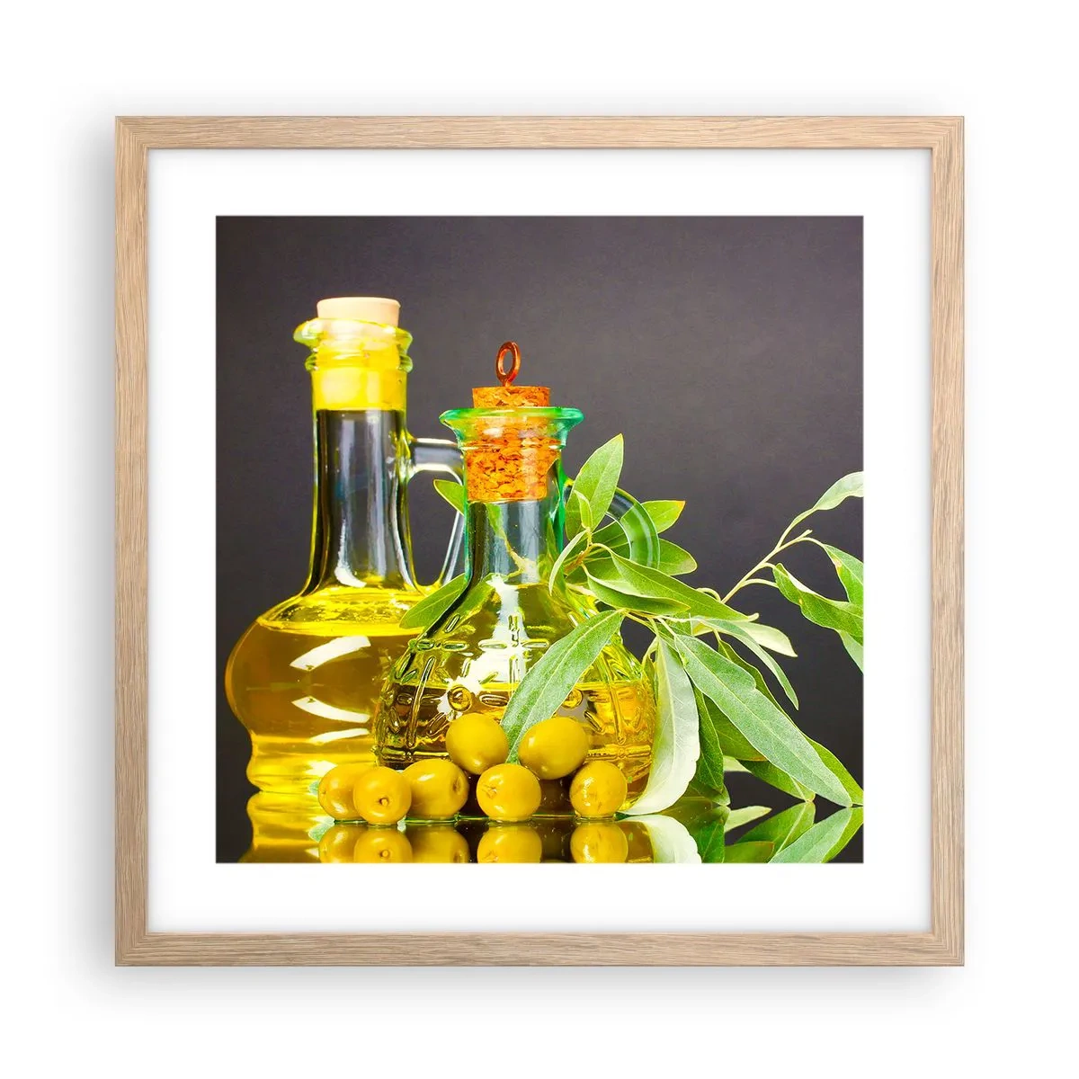 Póster en marco roble claro - Bodegón con aceitunas y aceite - 40x40 cm