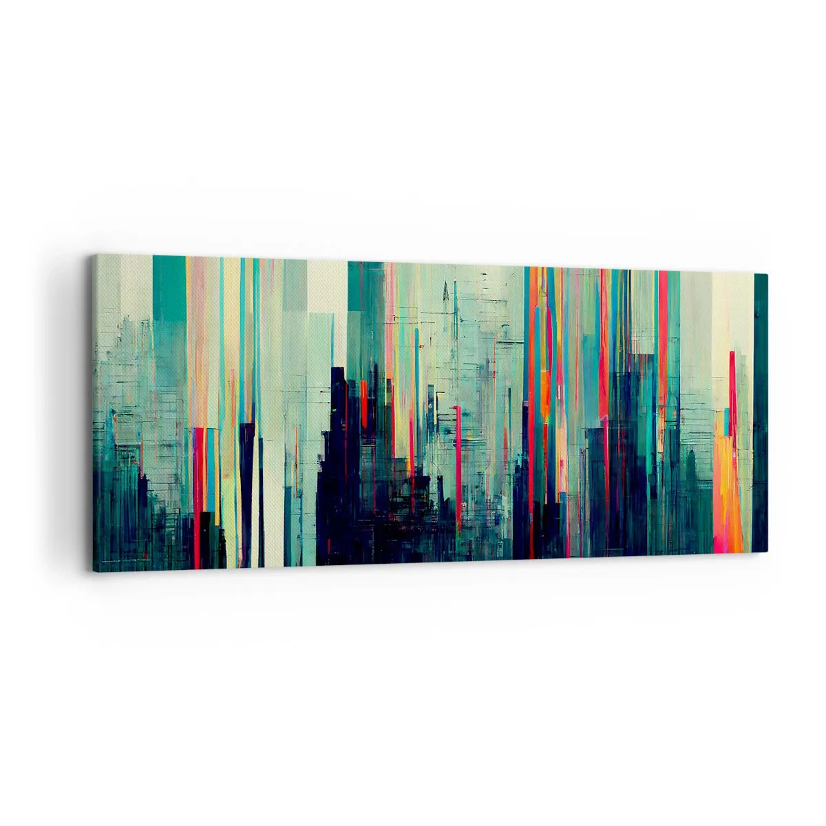 Cuadro sobre lienzo - Impresión de Imagen - Abstracción con líneas verticales y un horizonte de ciudad. - 120x50cm - Ciudad futurista - Decoración de pared moderna para salón y dormitorio ARTTOR