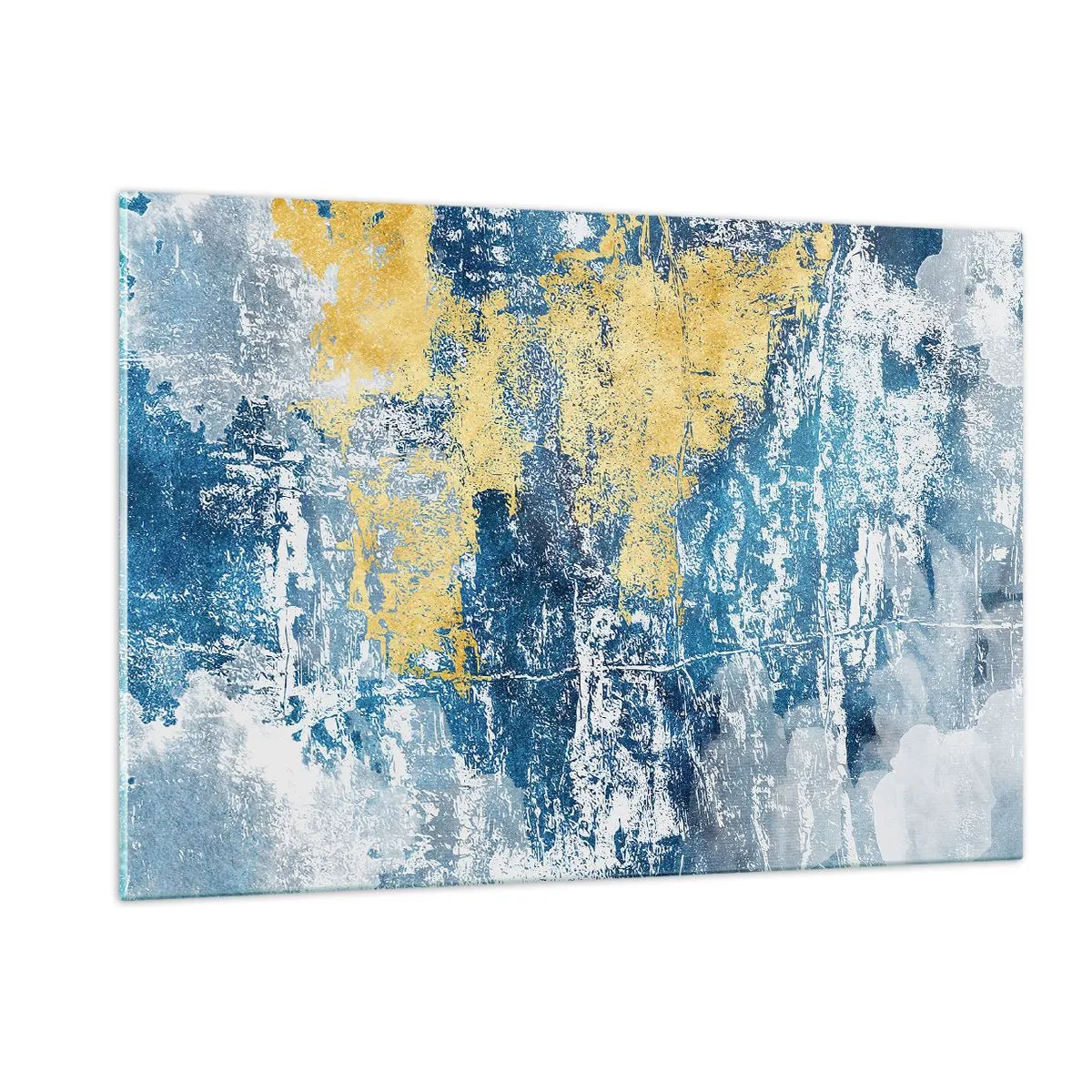 Cuadro sobre vidrio - Impresiones sobre Vidrio - Abstracción azul y amarilla con efecto desgastado y texturizado. - 120x80cm - Una abstracción serena - Decoración de pared moderna para salón y dormitorio ARTTOR