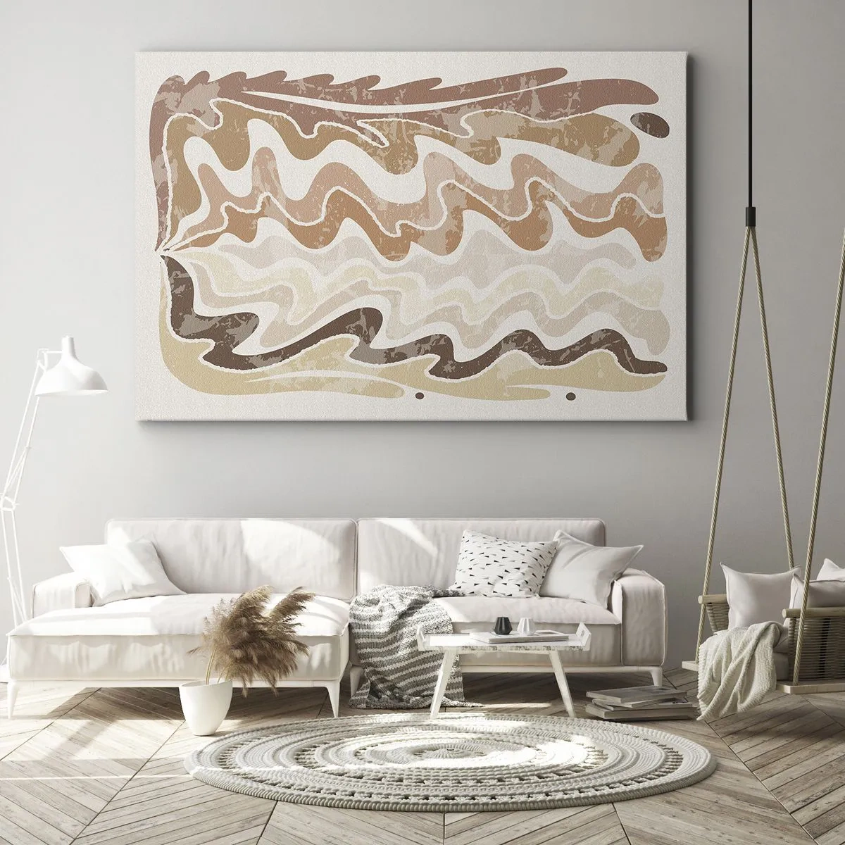 Cuadro sobre lienzo - Impresión de Imagen - Líneas abstractas onduladas en tonos beige - 70x50cm - Buena energía - buenas emociones - Decoración de pared moderna para salón y dormitorio ARTTOR