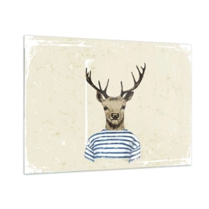 Cuadro sobre vidrio - Impresiones sobre Vidrio - Gráfico de un ciervo con camisa de marinero sobre un fondo claro. - 100x70cm - Porque me gustan las camisas de rayas - Decoración de pared moderna para salón y dormitorio ARTTOR