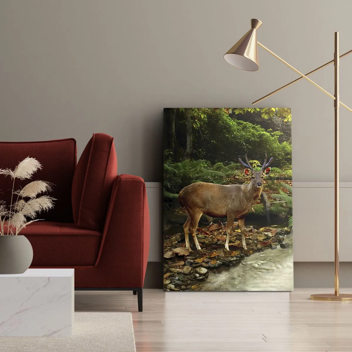 Cuadro sobre lienzo - Impresión de Imagen - Un ciervo junto a un arroyo rodeado de vegetación en el bosque. - 80x120cm - Bienvenido a mi mundo - Decoración de pared moderna para salón y dormitorio ARTTOR