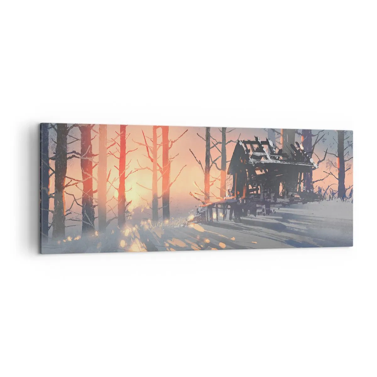 Cuadro sobre lienzo - Impresión de Imagen - Una cabaña forestal en un paisaje invernal con los rayos del sol poniente. - 140x50cm - Solo el sol es testigo - Decoración de pared moderna para salón y dormitorio ARTTOR