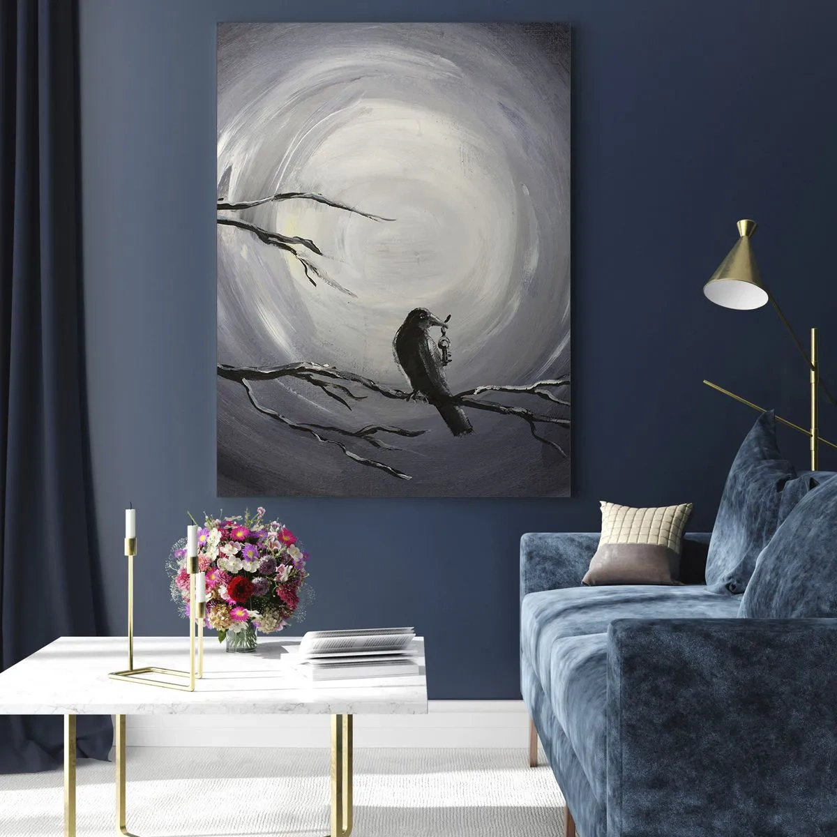 Cuadro sobre vidrio - Impresiones sobre Vidrio - Pájaro negro en una rama a la luz de la luna - 70x100cm - La clave del misterio de la noche - Decoración de pared moderna para salón y dormitorio ARTTOR