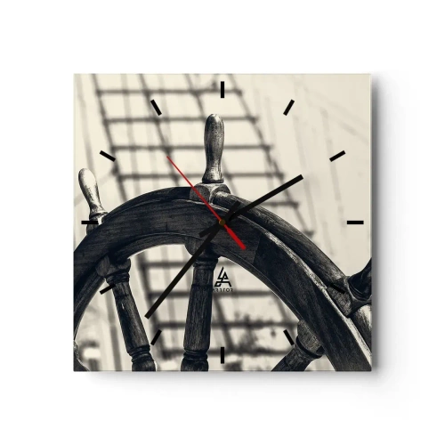 Reloj de pared - Reloj de vidrio - Un timón de vela de estilo retro con un barco al fondo. - 30x30cm - Un cuento marino - Decoración de pared moderna para salón y dormitorio ARTTOR