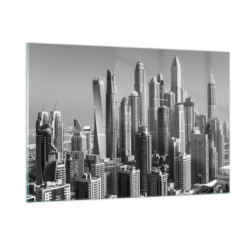 Cuadro sobre vidrio - Impresiones sobre Vidrio - Panorama en blanco y negro de los rascacielos de la ciudad - 120x80cm - Ciudad sobre el desierto - Decoración de pared moderna para salón y dormitorio ARTTOR