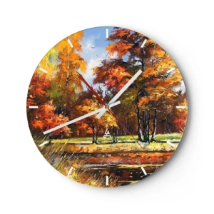 Reloj de pared - Reloj de vidrio - Bosque otoñal con hojas coloridas y luz cálida contra un paisaje tranquilo. - 30x30cm - Paisaje en dorado y marrón - Decoración de pared moderna para salón, cocina y dormitorio ARTTOR