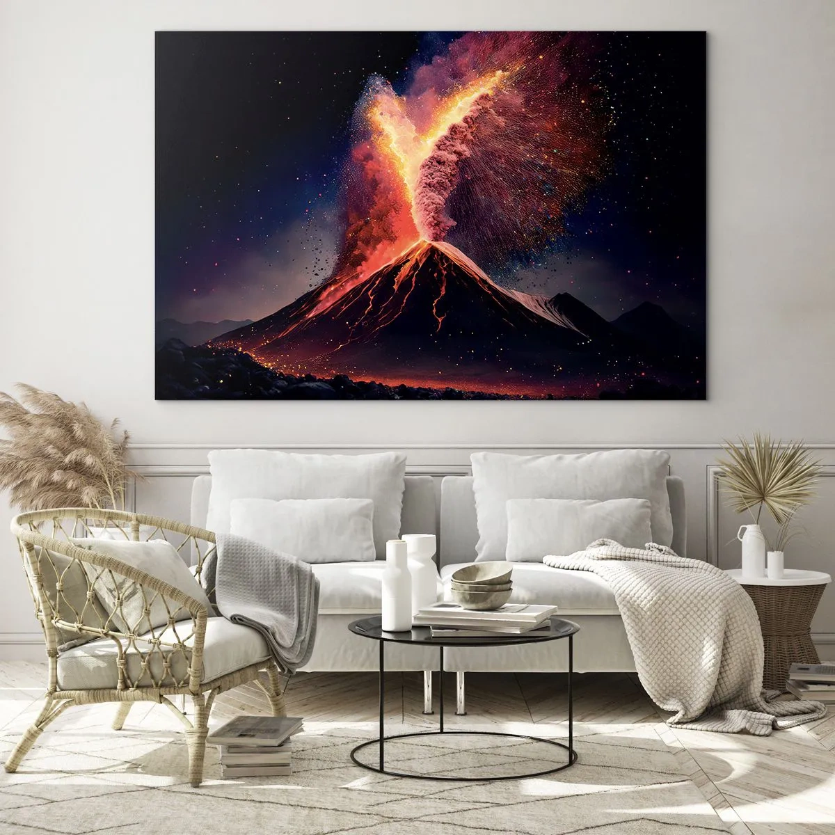 Cuadro sobre vidrio - Impresiones sobre Vidrio - Un volcán en erupción con lava y una nube de polvo colorida. - 70x50cm - Belleza y horror - Decoración de pared moderna para salón y dormitorio ARTTOR