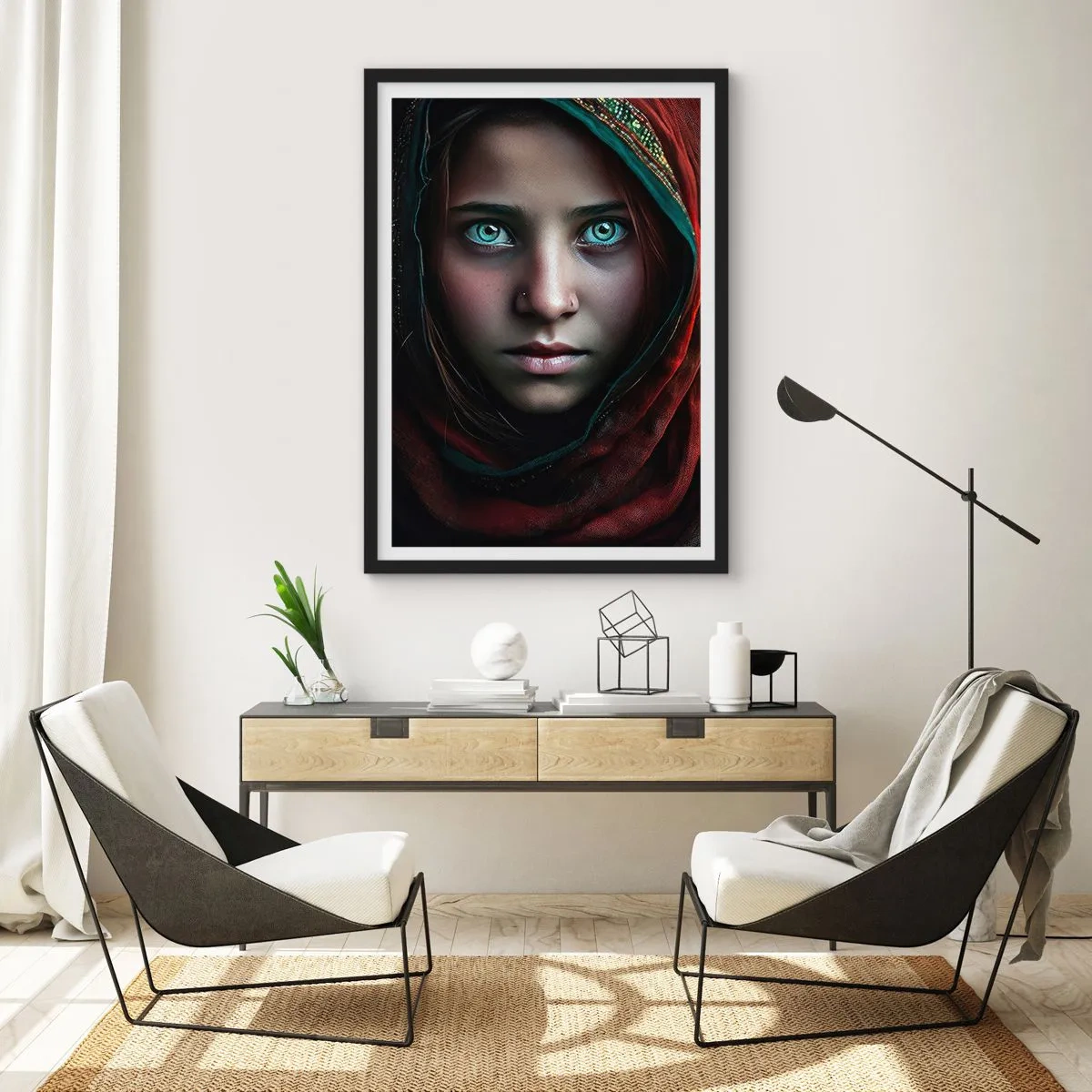 Póster en marco negro - Retrato de una niña con un chal rojo y ojos hipnotizantes. - 50x70cm - Princesa del Este - Decoración de pared moderna para salón y dormitorio ARTTOR