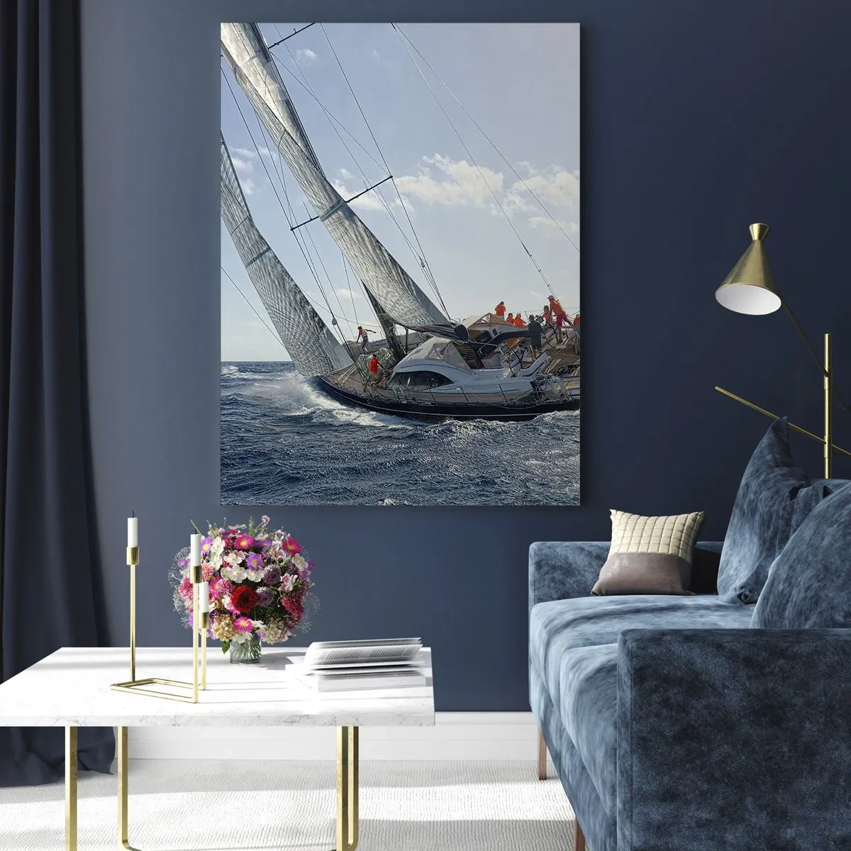 Cuadro sobre vidrio - Impresiones sobre Vidrio - Yates de carreras en mar abierto con el viento en sus velas - 50x70cm - Que gane el mejor - Decoración de pared moderna para salón y dormitorio ARTTOR