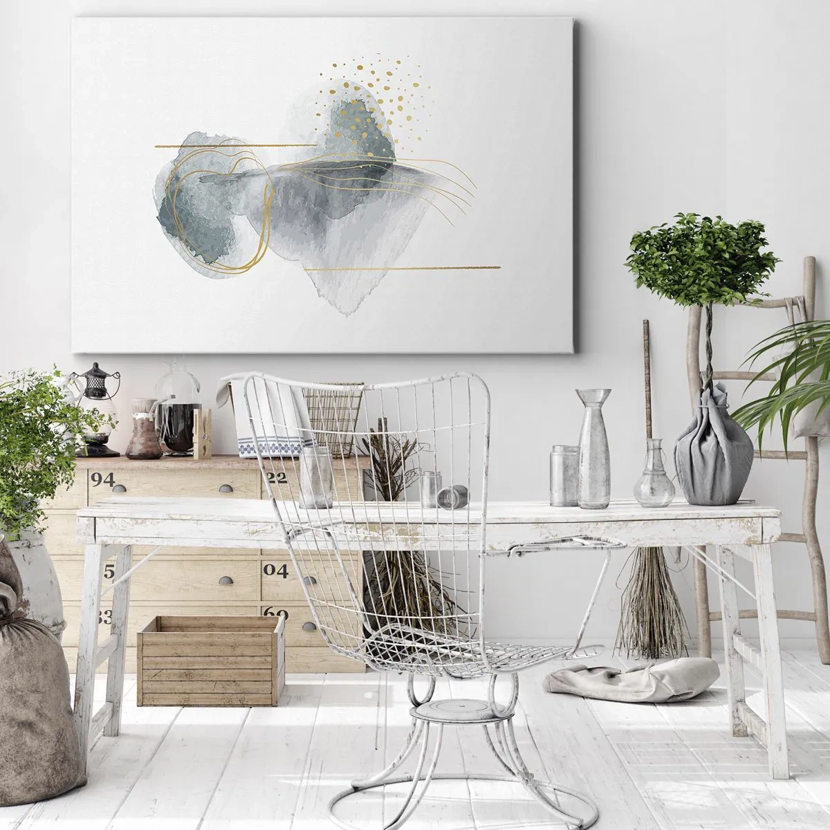 Cuadro sobre lienzo - Impresión de Imagen - Una composición abstracta en tonos turquesa y dorado. - 70x50cm - Sobre la relación entre el gris y el oro - Decoración de pared moderna para salón y dormitorio ARTTOR