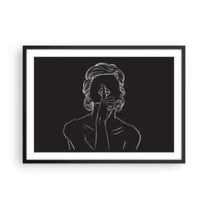 Póster en marco negro - Silueta minimalista de una mujer sobre un fondo negro. - 70x50cm - La belleza florece en silencio - Decoración de pared moderna para salón y dormitorio ARTTOR