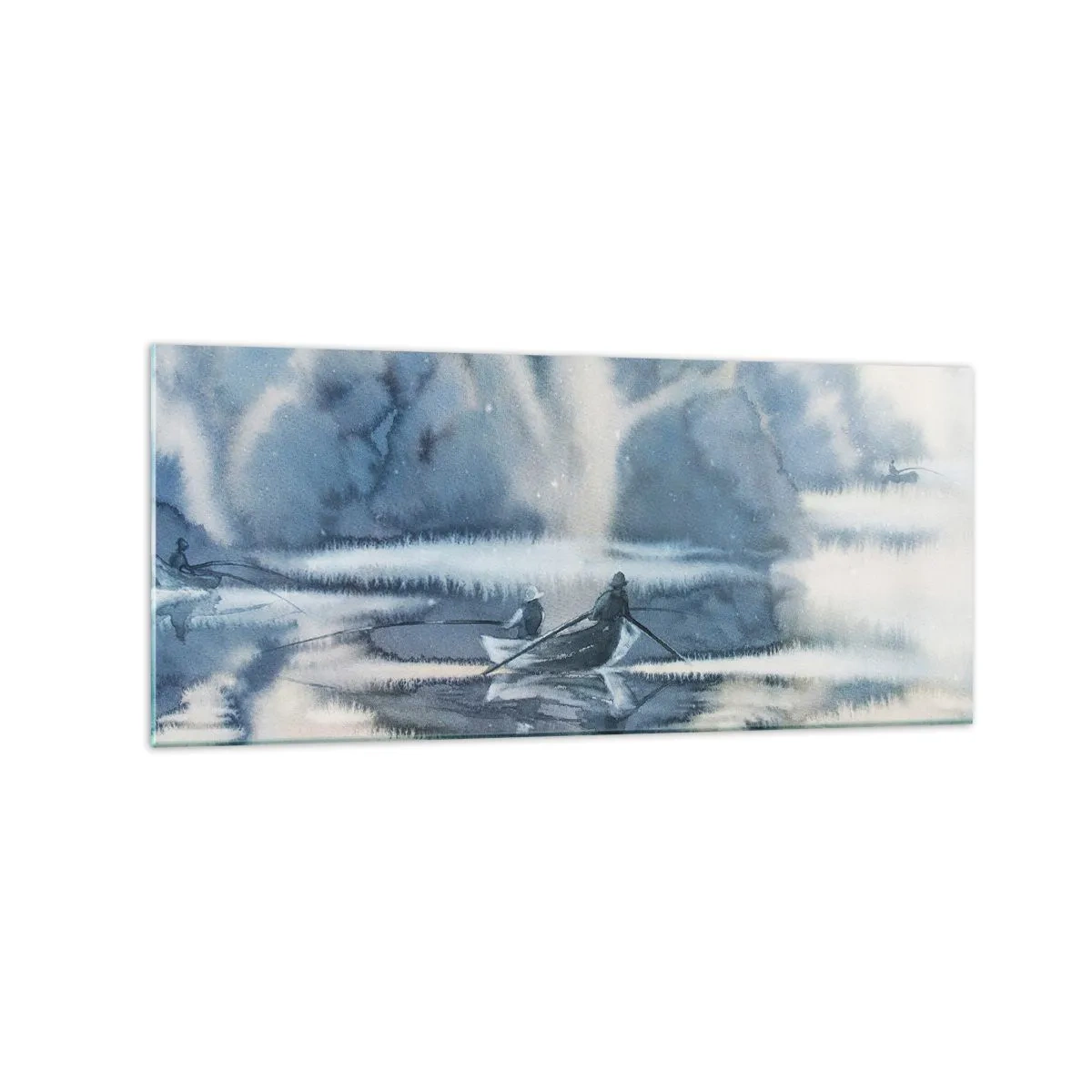 Cuadro sobre vidrio - Impresiones sobre Vidrio - Paisaje de acuarela con barcos en un lago rodeado de un bosque brumoso. - 120x50cm - Pescadores en su paraíso - Decoración de pared moderna para salón y dormitorio ARTTOR