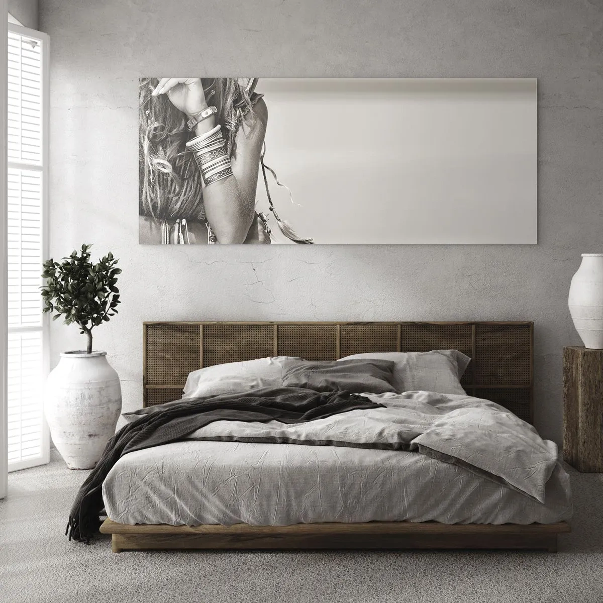 Cuadro sobre vidrio - Impresiones sobre Vidrio - Retrato de una mujer boho con joyas. - 160x50cm - Libertad natural - Decoración de pared moderna para salón y dormitorio ARTTOR