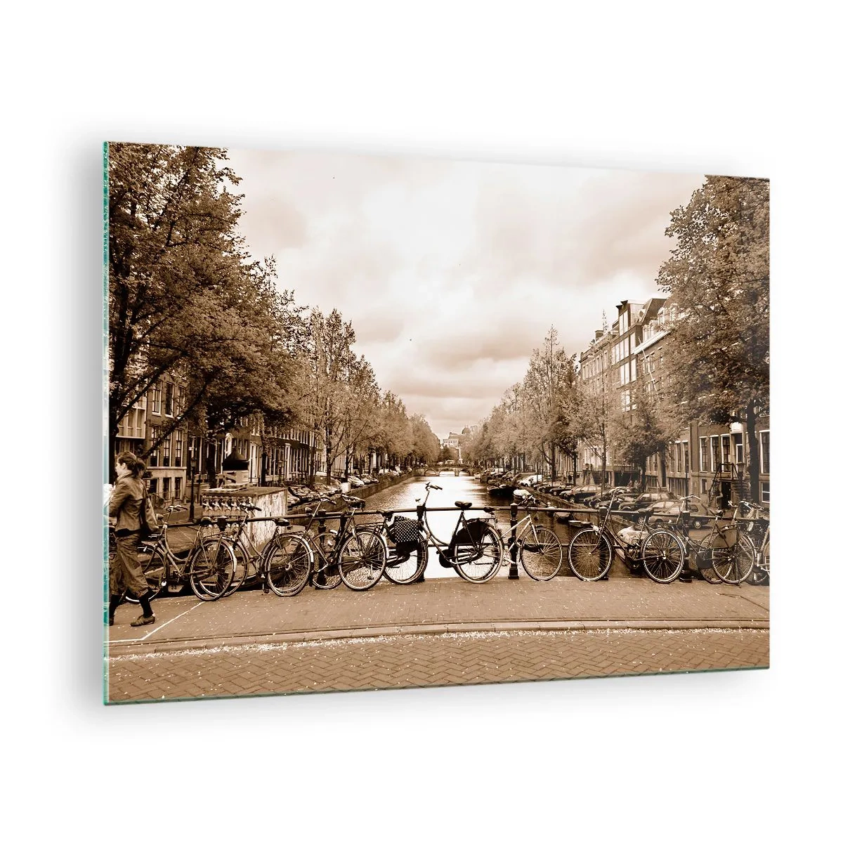 Cuadro sobre vidrio - Impresiones sobre Vidrio - Puente de Ámsterdam con bicicletas retro - 70x50cm - Holanda solo hay una - Decoración de pared moderna para salón y dormitorio ARTTOR