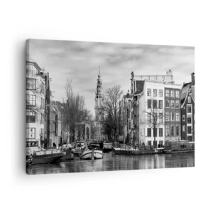 Cuadro sobre lienzo - Impresión de Imagen - Panorama en blanco y negro de Ámsterdam con canal y edificios históricos - 70x50cm - Ambiente de Ámsterdam - Decoración de pared moderna para salón y dormitorio ARTTOR