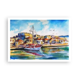 Póster - Un puerto pintoresco con un barco y edificios coloridos. - 100x70cm - Tarde de arco iris - Decoración de pared moderna para salón y dormitorio ARTTOR