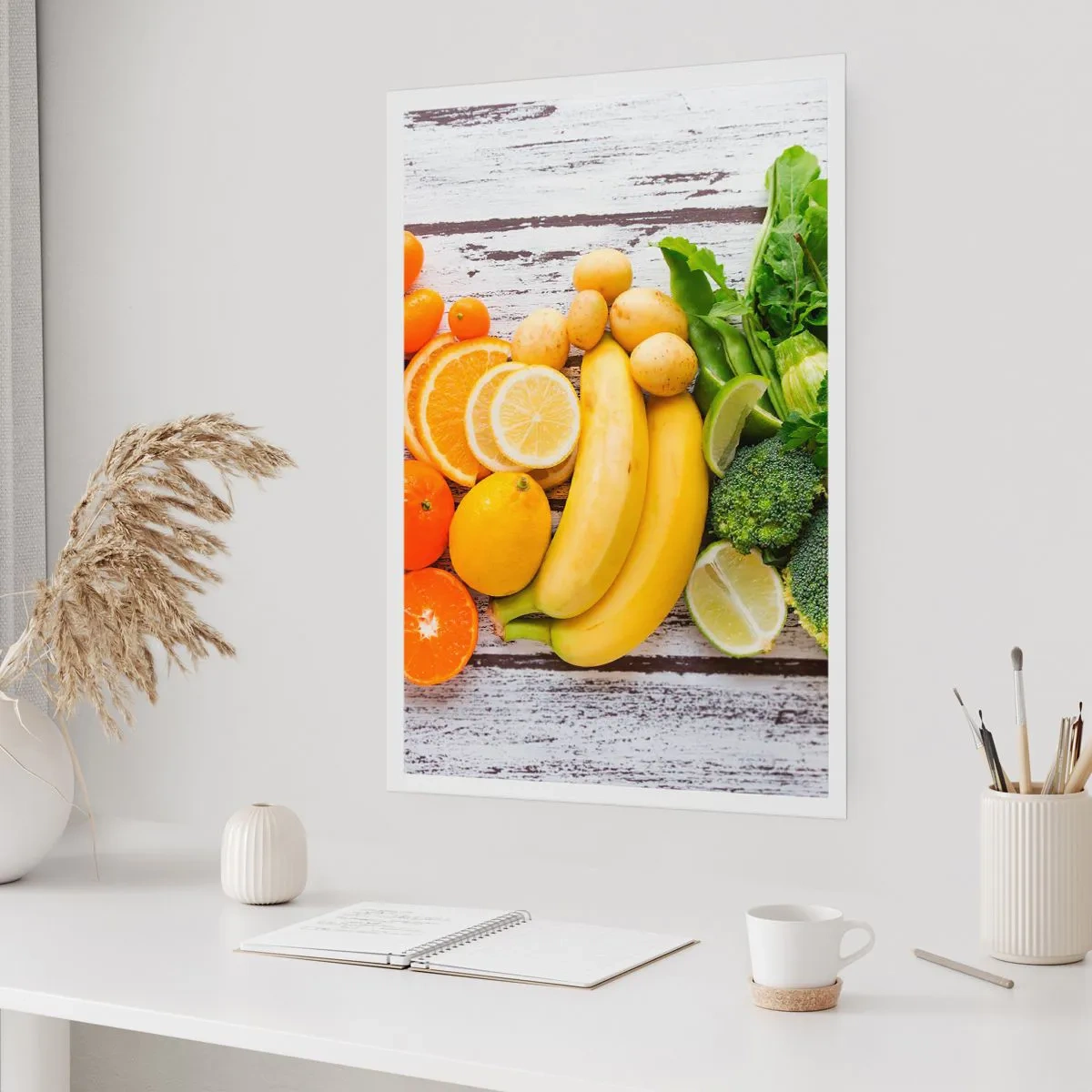 Póster - Frutas y verduras sobre un fondo rústico. - 50x70cm - ¿No es suficiente? - Decoración de pared moderna para salón y dormitorio ARTTOR