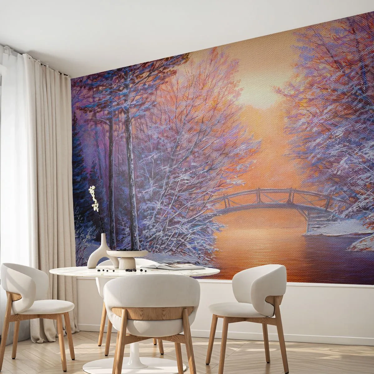 Fotomural Premium Sand - Paisaje invernal con un puente al atardecer - 100x70cm - Reunámonos aquí - Decoración de pared moderna para salón y dormitorio ARTTOR