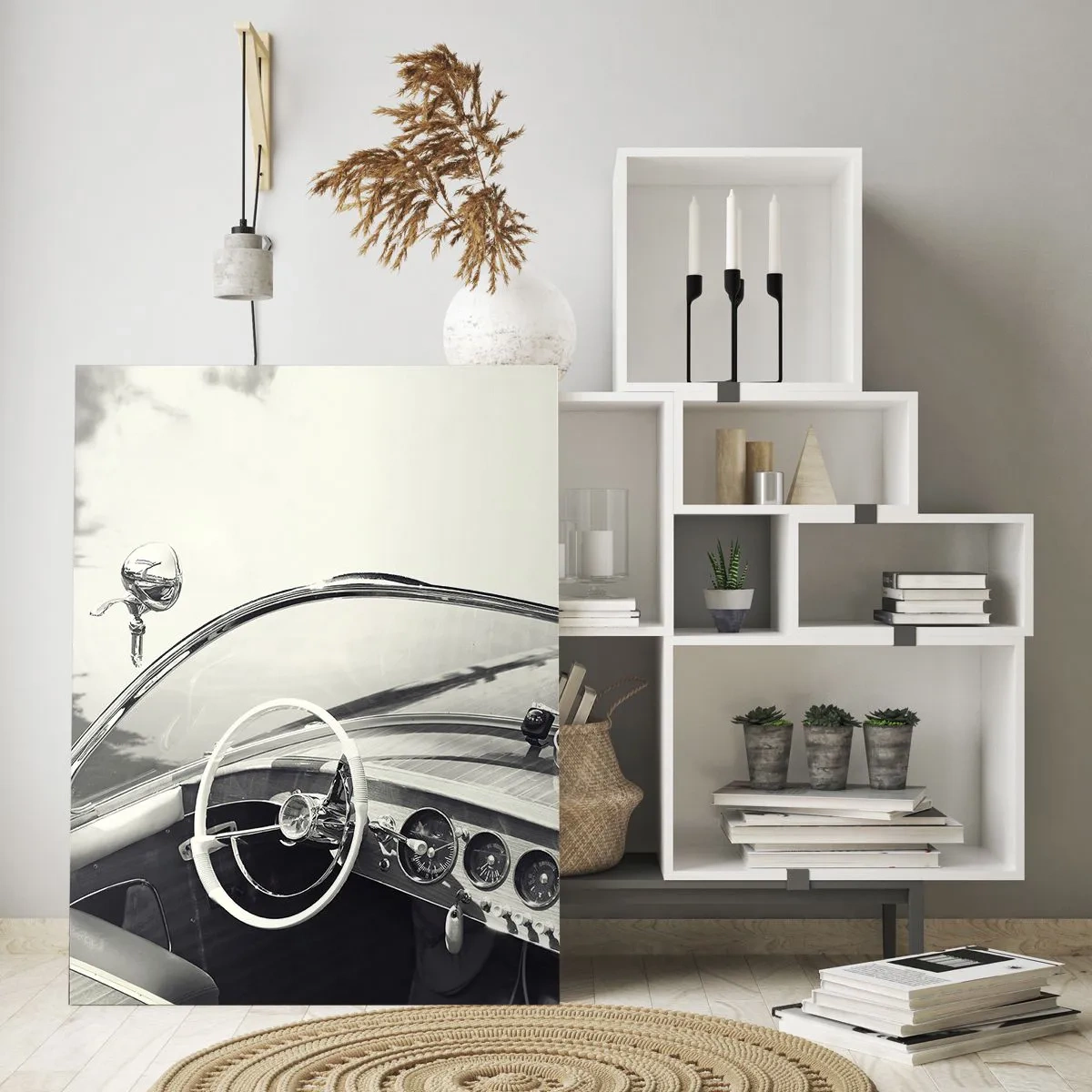 Cuadro sobre vidrio - Impresiones sobre Vidrio - Interior de coche clásico en estilo monocromático. - 80x120cm - Tiempo para los ricos - Decoración de pared moderna para salón y dormitorio ARTTOR