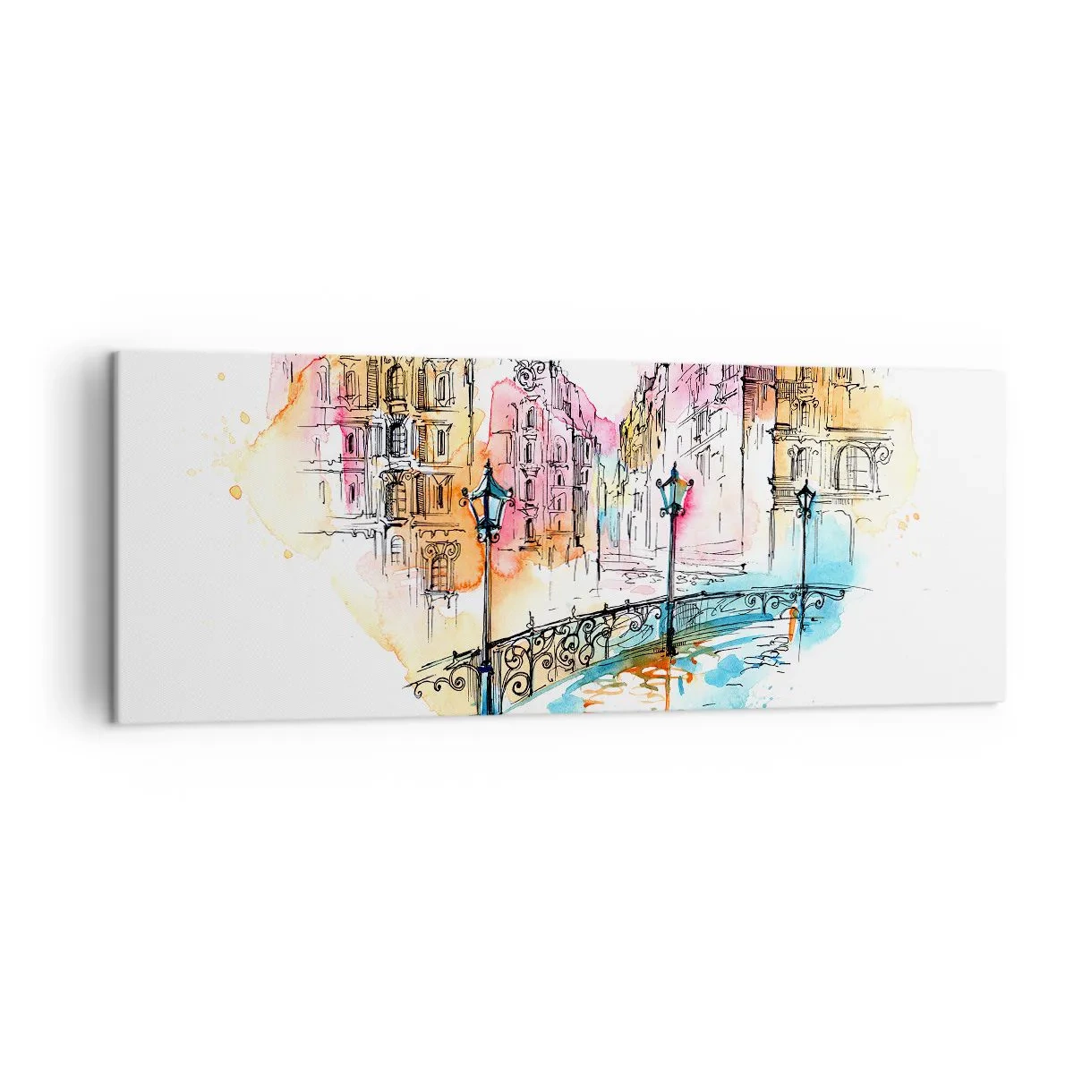 Cuadro sobre lienzo - Impresión de Imagen - Acuarela de un puente y casas de vecindad en forma de corazón - 140x50cm - El corazón de la ciudad - Decoración de pared moderna para salón y dormitorio ARTTOR