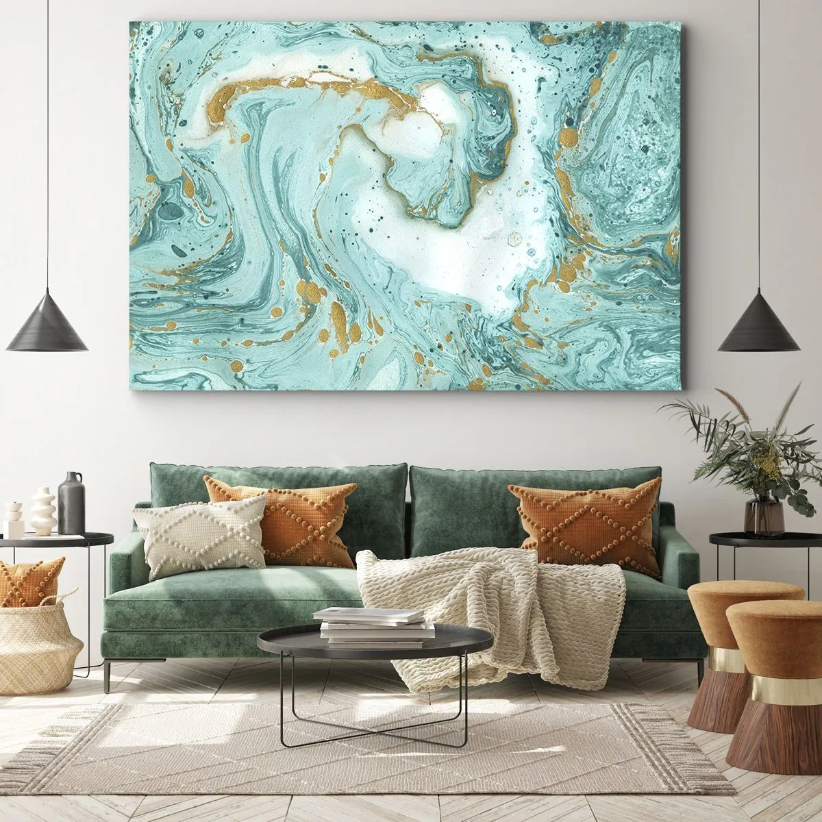 Cuadro sobre lienzo - Impresión de Imagen - Mármol turquesa con acentos dorados en una composición abstracta. - 70x50cm - Bajo la gran ola del periodo Edo - Decoración de pared moderna para salón y dormitorio ARTTOR