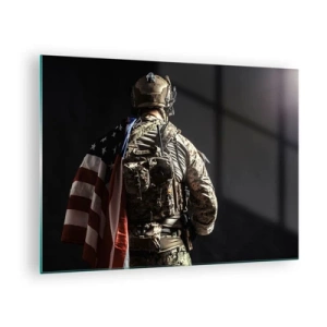 Cuadro sobre vidrio - Impresiones sobre Vidrio - Un soldado con una bandera estadounidense sobre un fondo oscuro. - 70x50cm - Por eso lucho - Decoración de pared moderna para salón y dormitorio ARTTOR
