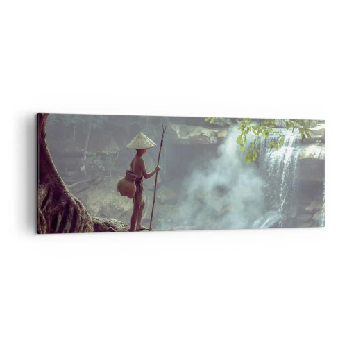 Cuadro sobre lienzo - Impresión de Imagen - Una figura con una lanza en una cascada en un bosque tropical. - 140x50cm - Amistad con la naturaleza - Decoración de pared moderna para salón y dormitorio ARTTOR