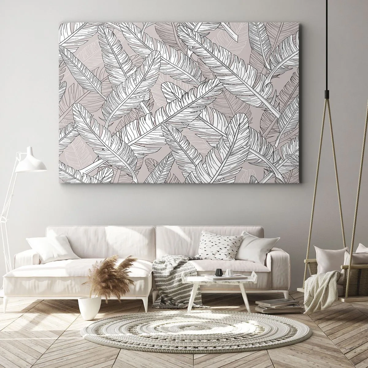 Cuadro sobre lienzo - Impresión de Imagen - Patrón en blanco y negro con hojas de plátano sobre un fondo claro. - 120x80cm - Turbulencias de plumas - Decoración de pared moderna para salón y dormitorio ARTTOR