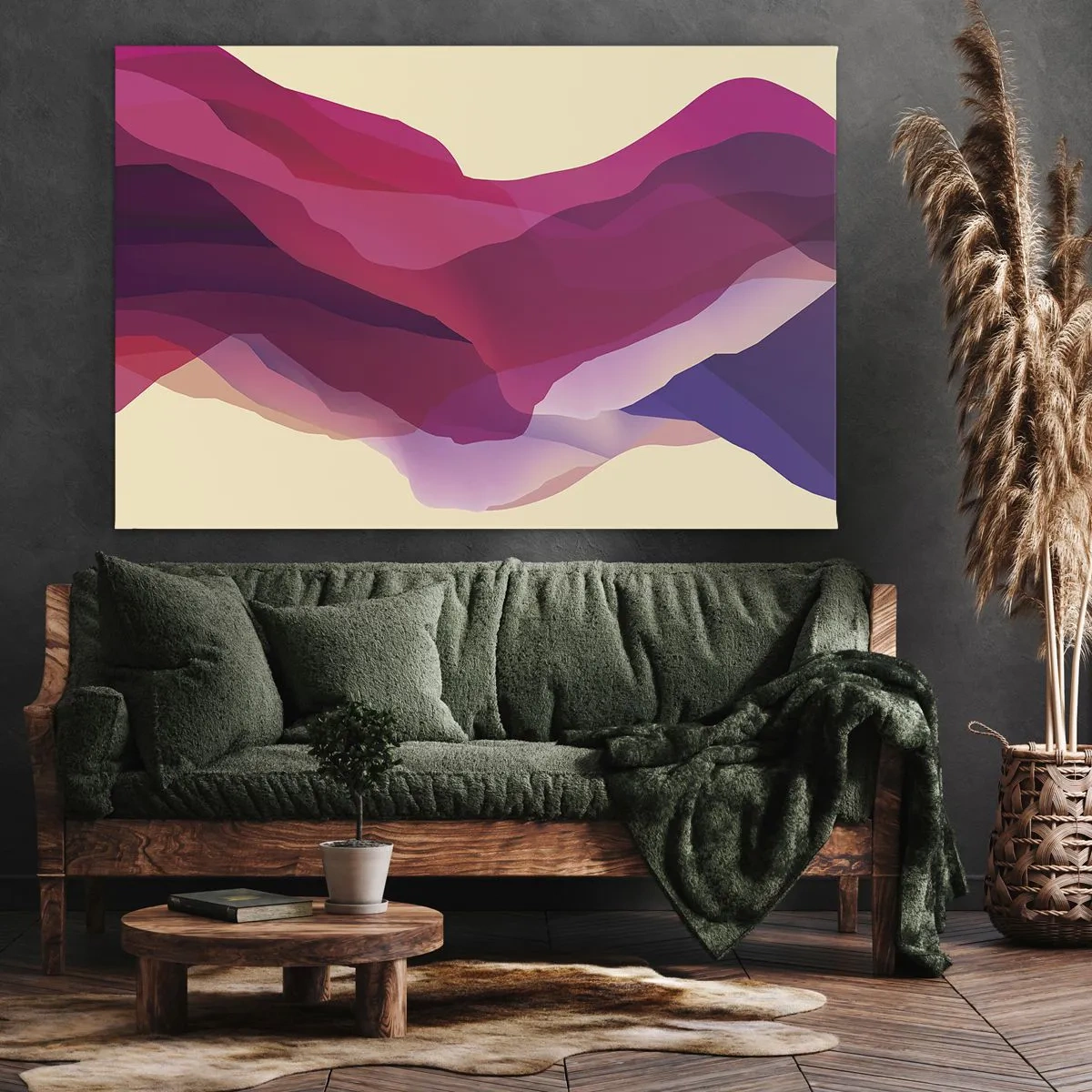 Cuadro sobre lienzo - Impresión de Imagen - Ondas abstractas en tonos morados y rosas sobre un fondo claro. - 100x70cm - Ondas púrpuras - Decoración de pared moderna para salón y dormitorio ARTTOR