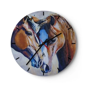 Reloj de pared - Reloj de vidrio - Un cuadro de dos caballos en estilo pictórico con colores vivos. - 30x30cm - ¿Esto es amistad? ¿Es amor? - Decoración de pared moderna para salón, cocina y dormitorio ARTTOR